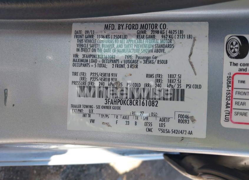 Photo 9 of 2012 Ford Fusion SPORT (VIN 3FAHP0KC8CR161082)