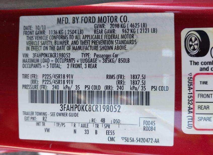 Photo 9 of 2012 Ford Fusion SPORT (VIN 3FAHP0KC8CR198052)