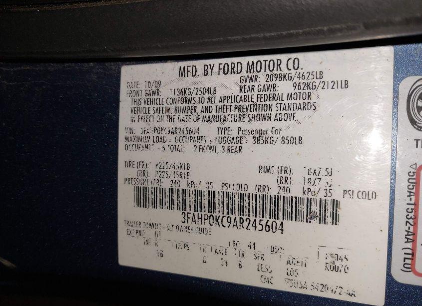 Photo 9 of 2010 Ford Fusion SPORT (VIN 3FAHP0KC9AR245604)