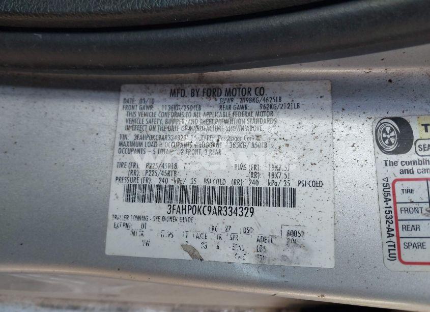 Photo 9 of 2010 Ford Fusion SPORT (VIN 3FAHP0KC9AR334329)
