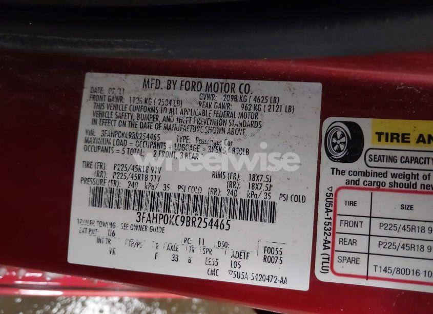 Photo 9 of 2011 Ford Fusion SPORT (VIN 3FAHP0KC9BR254465)