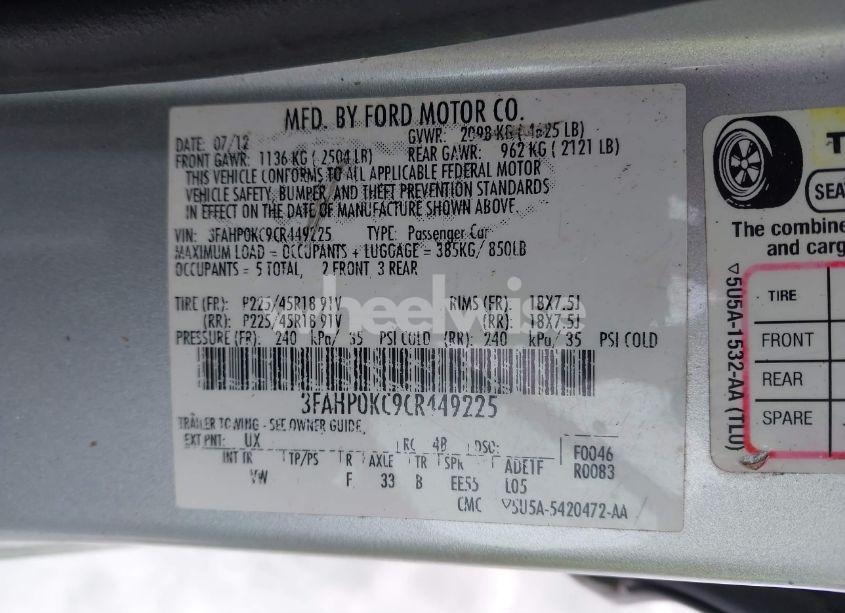 Photo 9 of 2012 Ford Fusion SPORT (VIN 3FAHP0KC9CR449225)