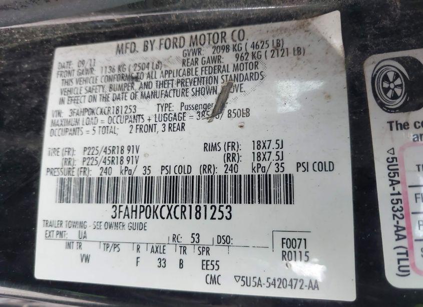 Photo 9 of 2012 Ford Fusion SPORT (VIN 3FAHP0KCXCR181253)