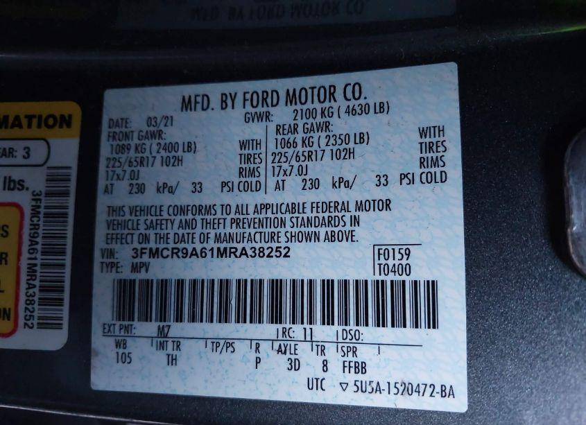 Photo 9 of 2021 Ford Bronco SPORT (VIN 3FMCR9A61MRA38252)