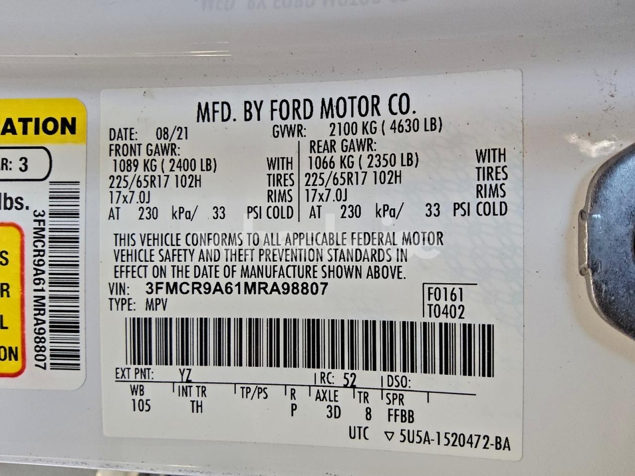 Photo 13 of 2021 FORD BRONCO SPORT (VIN 3FMCR9A61MRA98807)