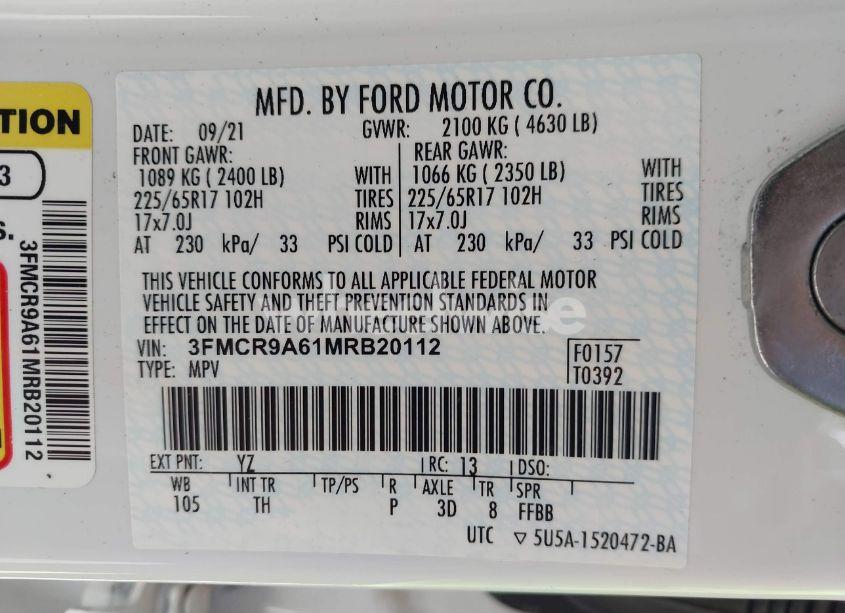 Photo 9 of 2021 Ford Bronco SPORT (VIN 3FMCR9A61MRB20112)