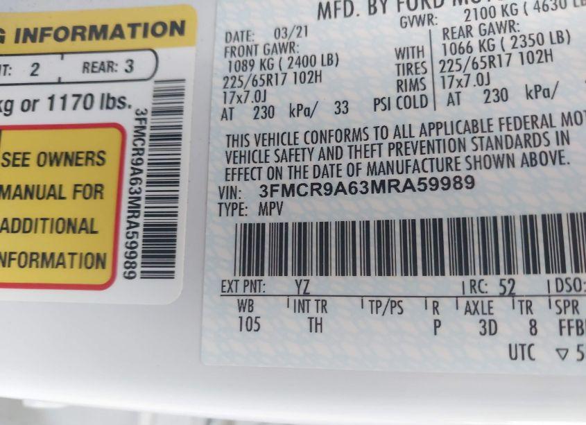 Photo 9 of 2021 Ford Bronco SPORT (VIN 3FMCR9A63MRA59989)