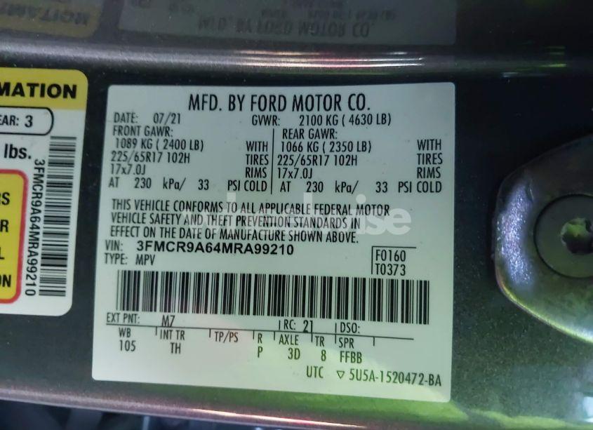 Photo 9 of 2021 Ford Bronco SPORT (VIN 3FMCR9A64MRA99210)