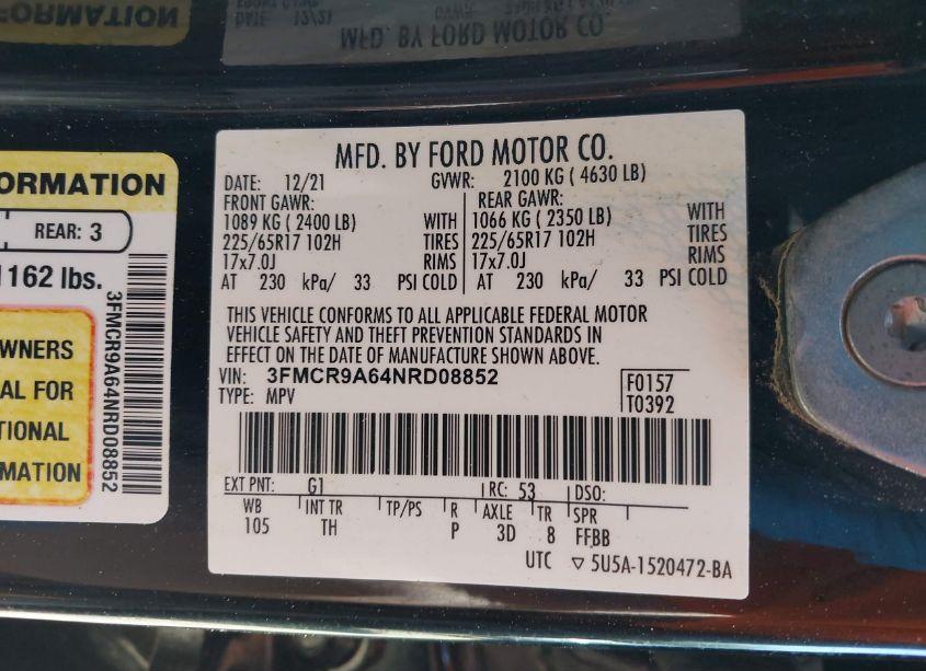 Photo 9 of 2022 Ford Bronco SPORT (VIN 3FMCR9A64NRD08852)