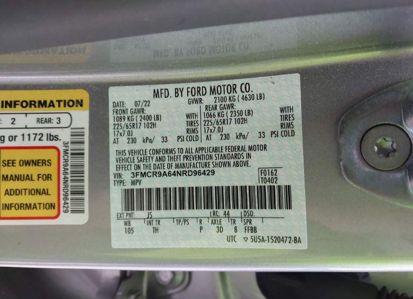 Photo 9 of 2022 Ford Bronco SPORT (VIN 3FMCR9A64NRD96429)