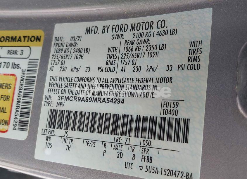 Photo 9 of 2021 Ford Bronco SPORT (VIN 3FMCR9A69MRA54294)