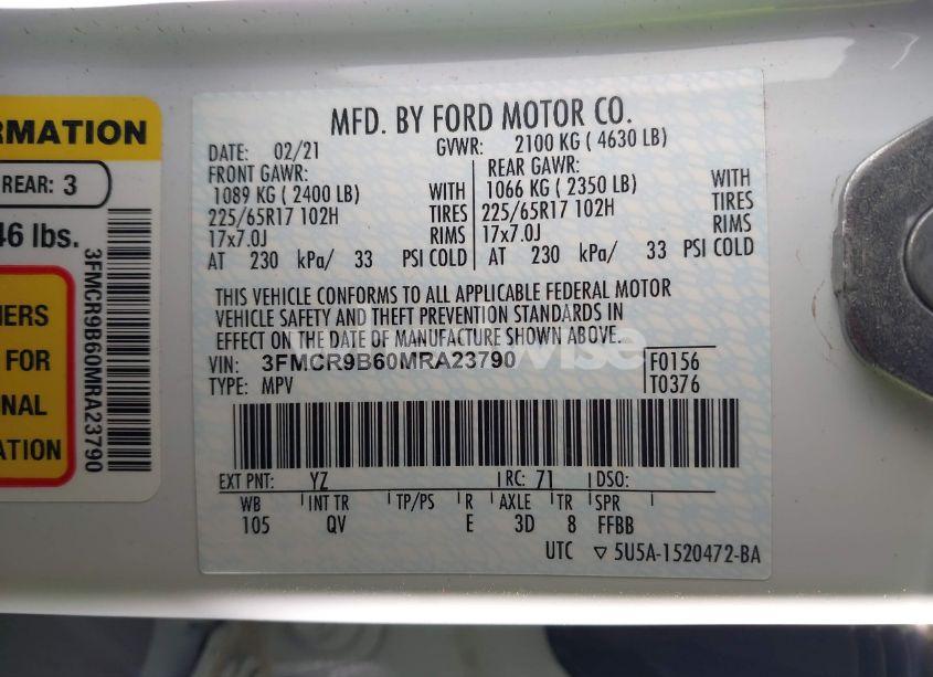 Photo 9 of 2021 Ford Bronco SPORT BIG BEND (VIN 3FMCR9B60MRA23790)