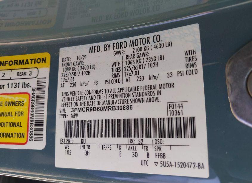 Photo 9 of 2021 Ford Bronco SPORT BIG BEND (VIN 3FMCR9B60MRB30886)