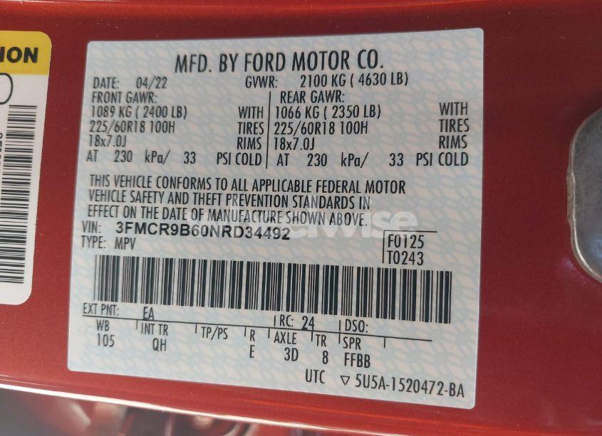 Photo 9 of 2022 Ford Bronco SPORT BIG BEND (VIN 3FMCR9B60NRD34492)