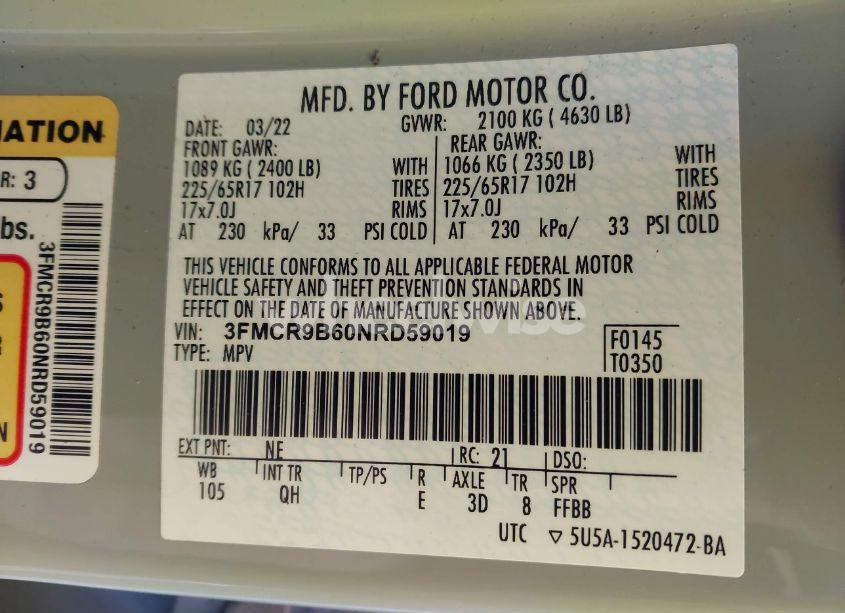 Photo 9 of 2022 Ford Bronco SPORT BIG BEND (VIN 3FMCR9B60NRD59019)