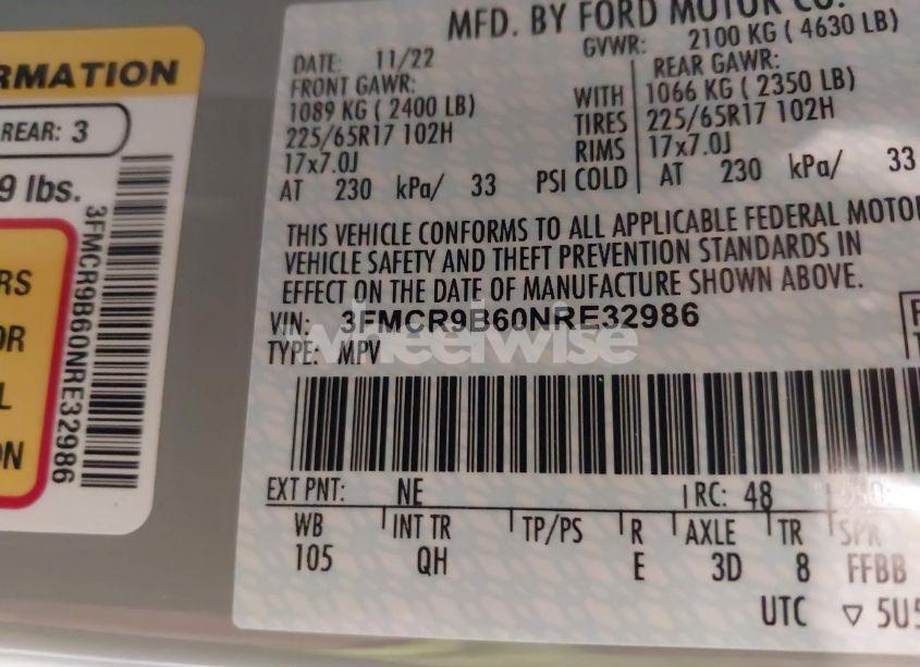 Photo 9 of 2022 Ford Bronco SPORT BIG BEND (VIN 3FMCR9B60NRE32986)