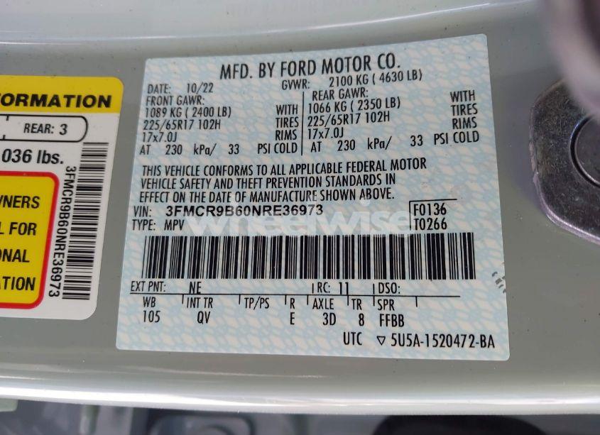 Photo 9 of 2022 Ford Bronco SPORT BIG BEND (VIN 3FMCR9B60NRE36973)