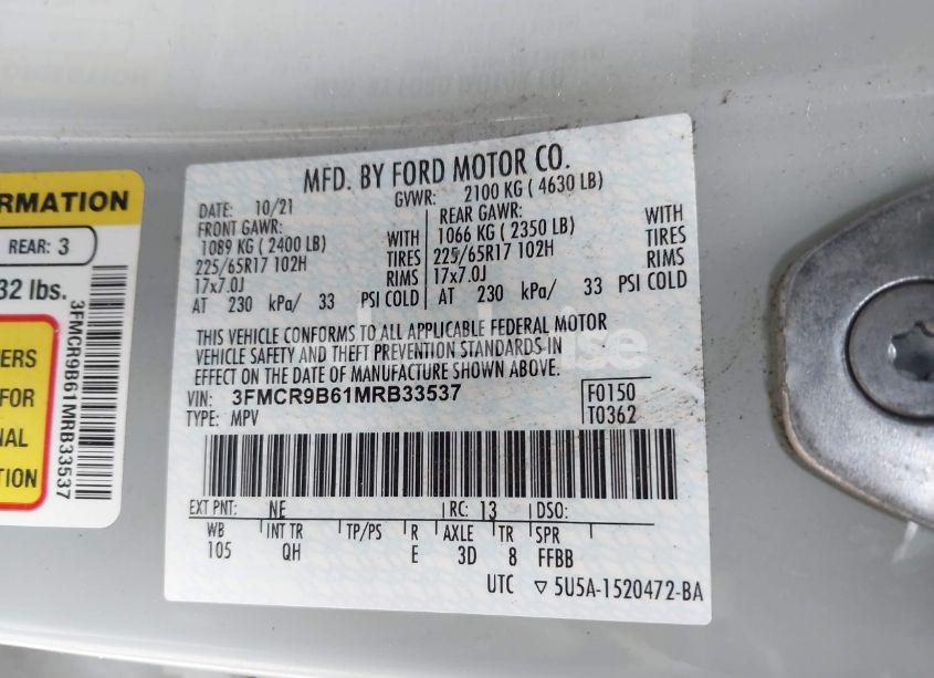 Photo 9 of 2021 Ford Bronco SPORT BIG BEND (VIN 3FMCR9B61MRB33537)