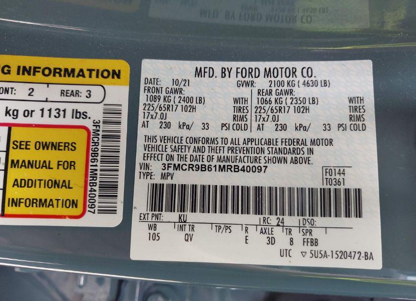 Photo 9 of 2021 Ford Bronco SPORT BIG BEND (VIN 3FMCR9B61MRB40097)