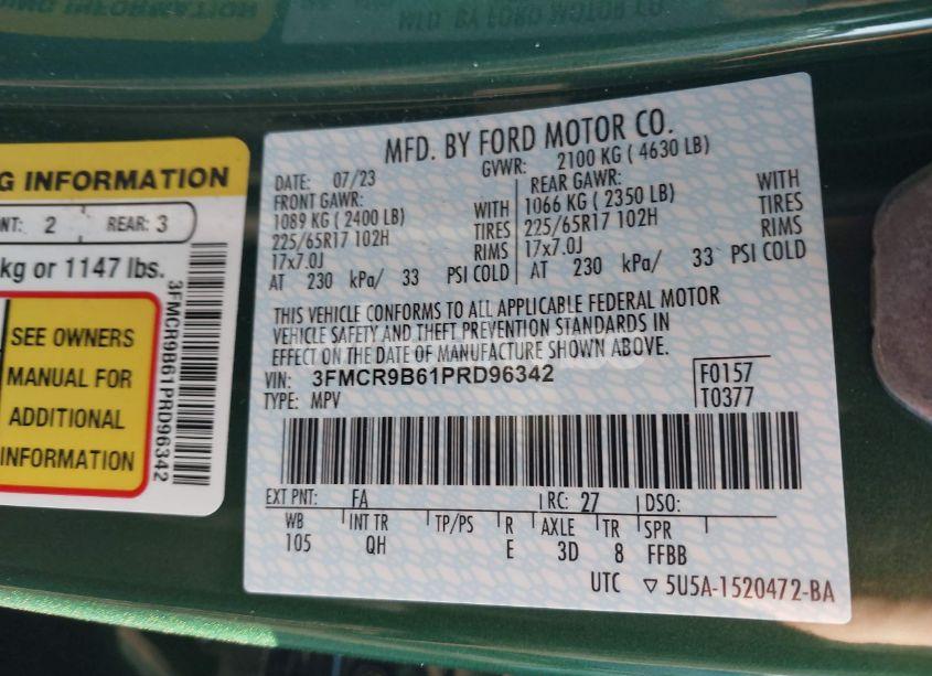 Photo 9 of 2023 Ford Bronco SPORT BIG BEND (VIN 3FMCR9B61PRD96342)