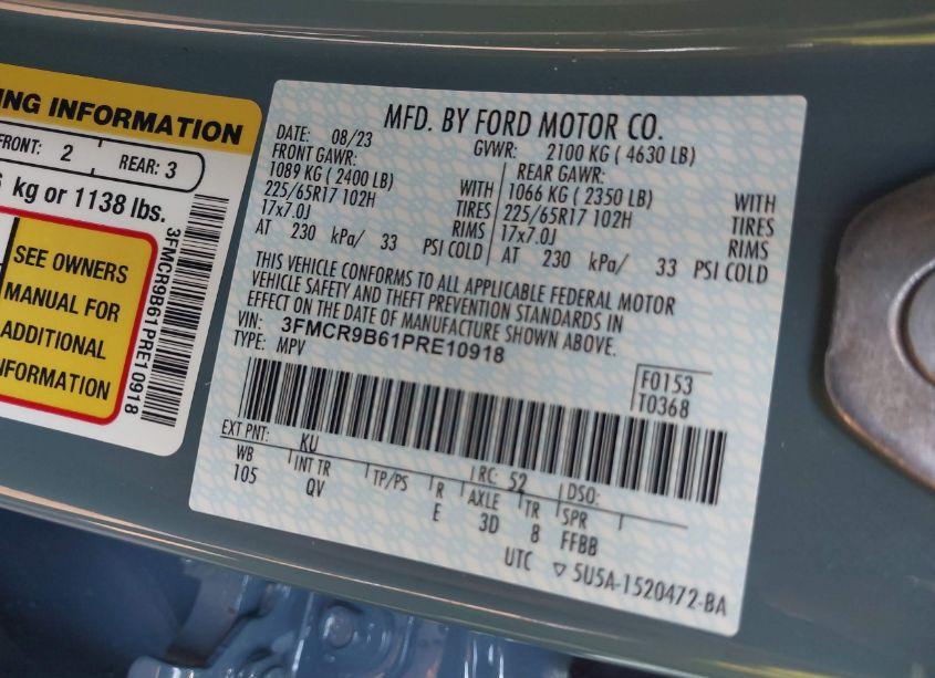 Photo 9 of 2023 Ford Bronco SPORT BIG BEND (VIN 3FMCR9B61PRE10918)