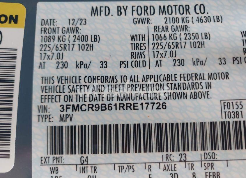 Photo 9 of 2024 Ford Bronco SPORT BIG BEND (VIN 3FMCR9B61RRE17726)