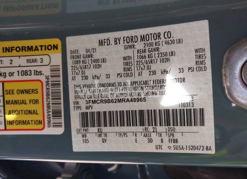 Photo 9 of 2021 Ford Bronco SPORT BIG BEND (VIN 3FMCR9B62MRA48965)