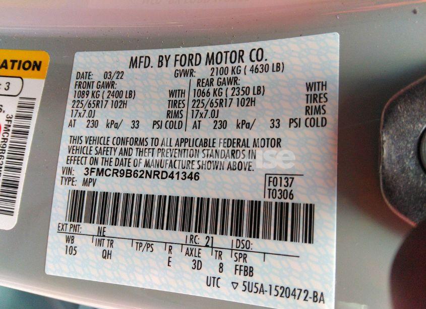 Photo 9 of 2022 Ford Bronco SPORT BIG BEND (VIN 3FMCR9B62NRD41346)