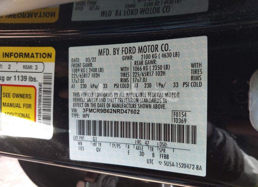 Photo 9 of 2022 Ford Bronco SPORT BIG BEND (VIN 3FMCR9B62NRD47602)