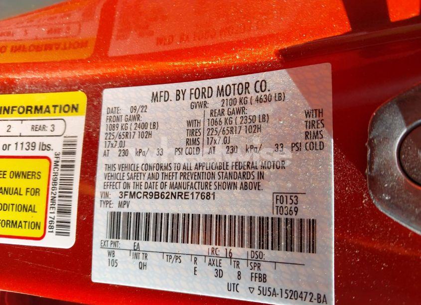 Photo 9 of 2022 Ford Bronco SPORT BIG BEND (VIN 3FMCR9B62NRE17681)