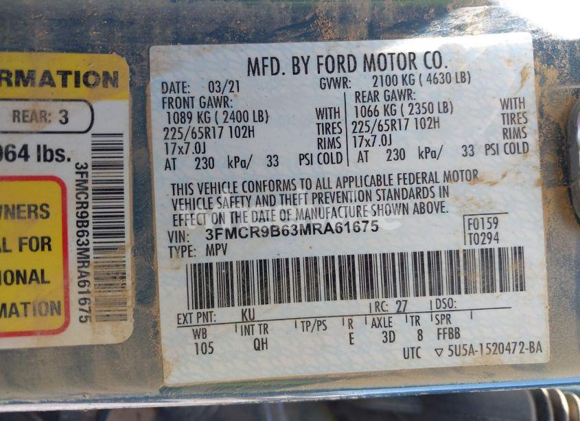 Photo 9 of 2021 Ford Bronco SPORT BIG BEND (VIN 3FMCR9B63MRA61675)