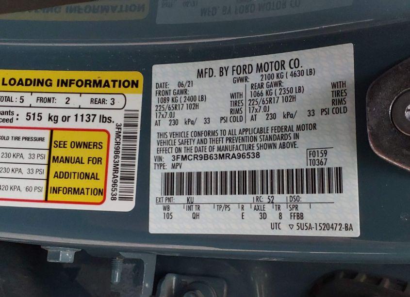 Photo 9 of 2021 Ford Bronco SPORT BIG BEND (VIN 3FMCR9B63MRA96538)