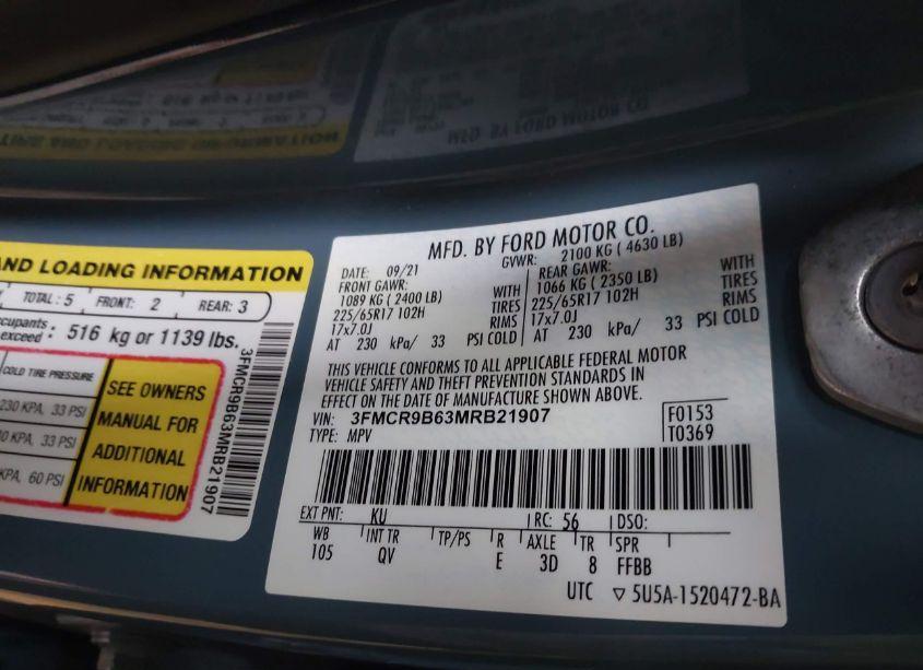 Photo 9 of 2021 Ford Bronco SPORT BIG BEND (VIN 3FMCR9B63MRB21907)