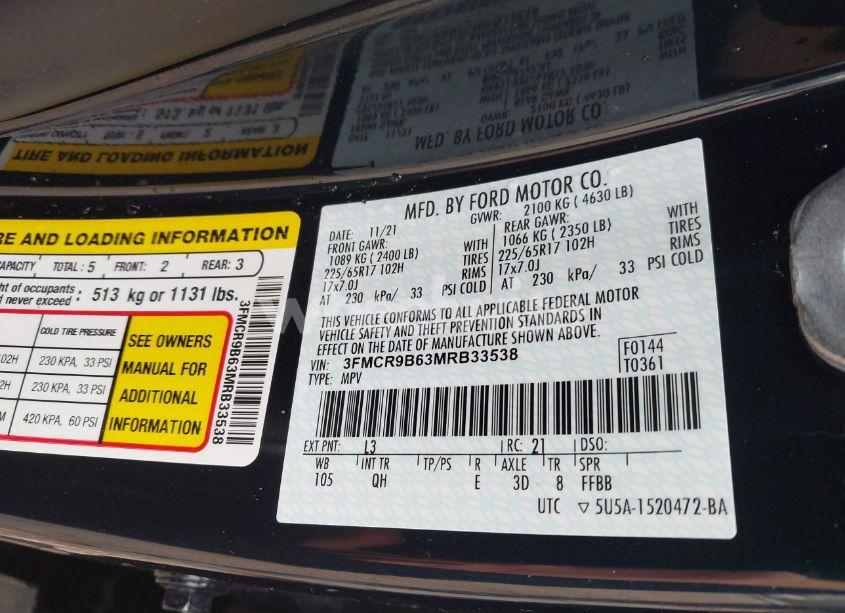 Photo 9 of 2021 Ford Bronco SPORT BIG BEND (VIN 3FMCR9B63MRB33538)