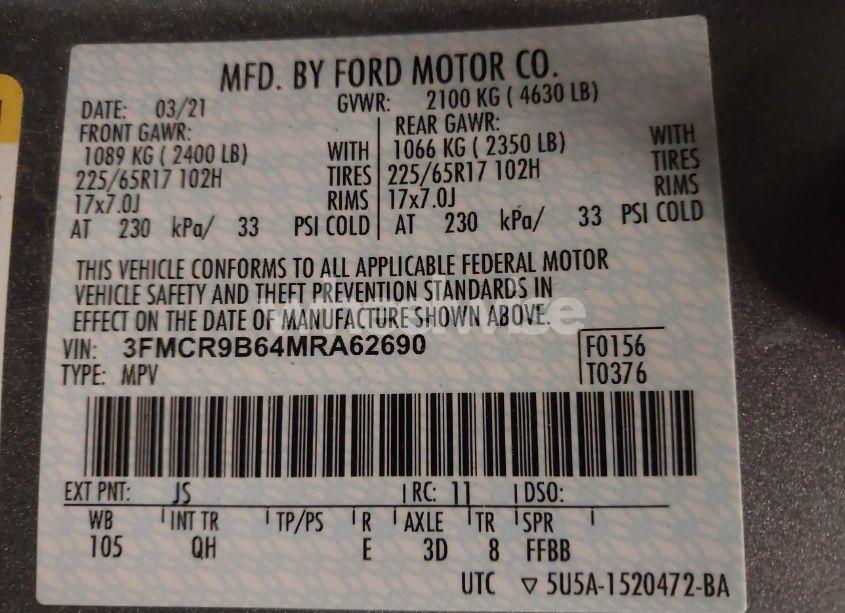 Photo 9 of 2021 Ford Bronco SPORT BIG BEND (VIN 3FMCR9B64MRA62690)