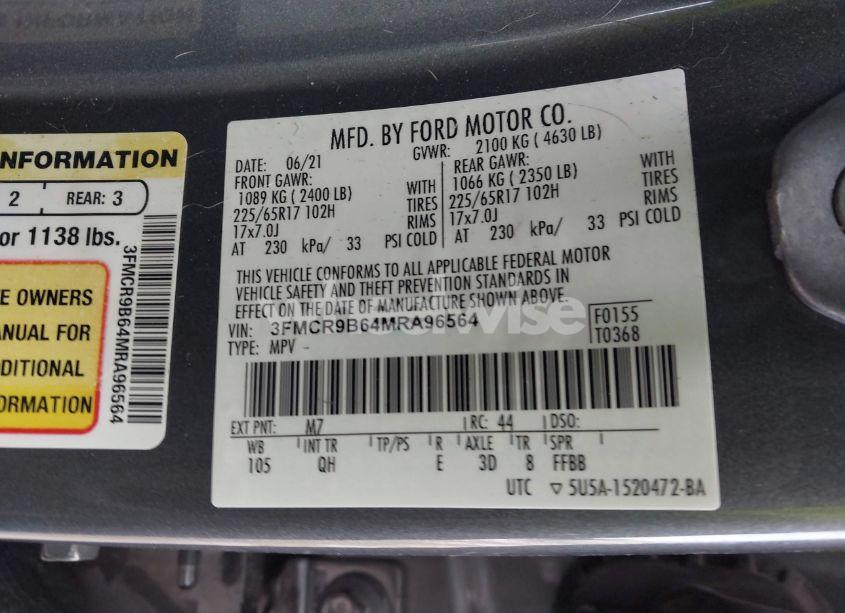 Photo 9 of 2021 Ford Bronco SPORT BIG BEND (VIN 3FMCR9B64MRA96564)