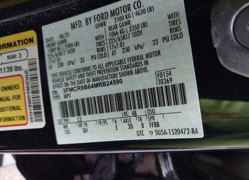 Photo 9 of 2021 Ford Bronco SPORT BIG BEND (VIN 3FMCR9B64MRB24590)