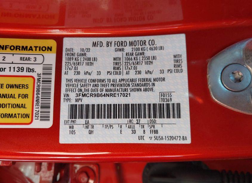 Photo 9 of 2022 Ford Bronco SPORT BIG BEND (VIN 3FMCR9B64NRE17021)