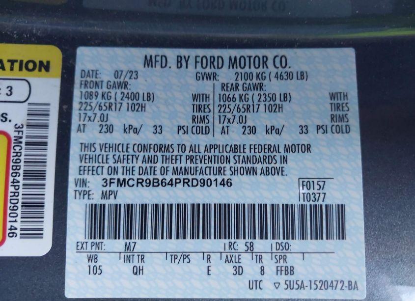 Photo 9 of 2023 Ford Bronco SPORT BIG BEND (VIN 3FMCR9B64PRD90146)