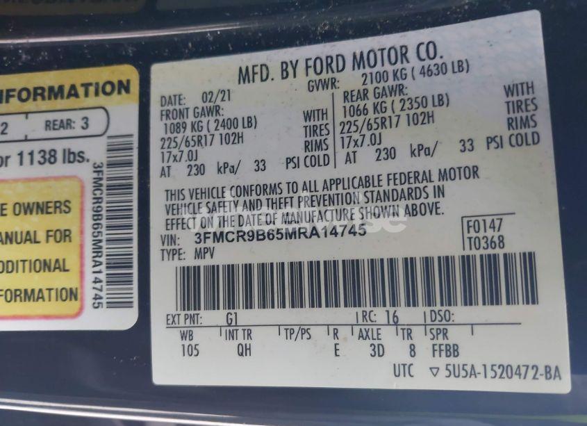 Photo 9 of 2021 Ford Bronco SPORT BIG BEND (VIN 3FMCR9B65MRA14745)