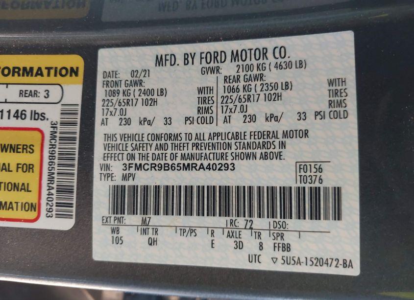 Photo 9 of 2021 Ford Bronco SPORT BIG BEND (VIN 3FMCR9B65MRA40293)