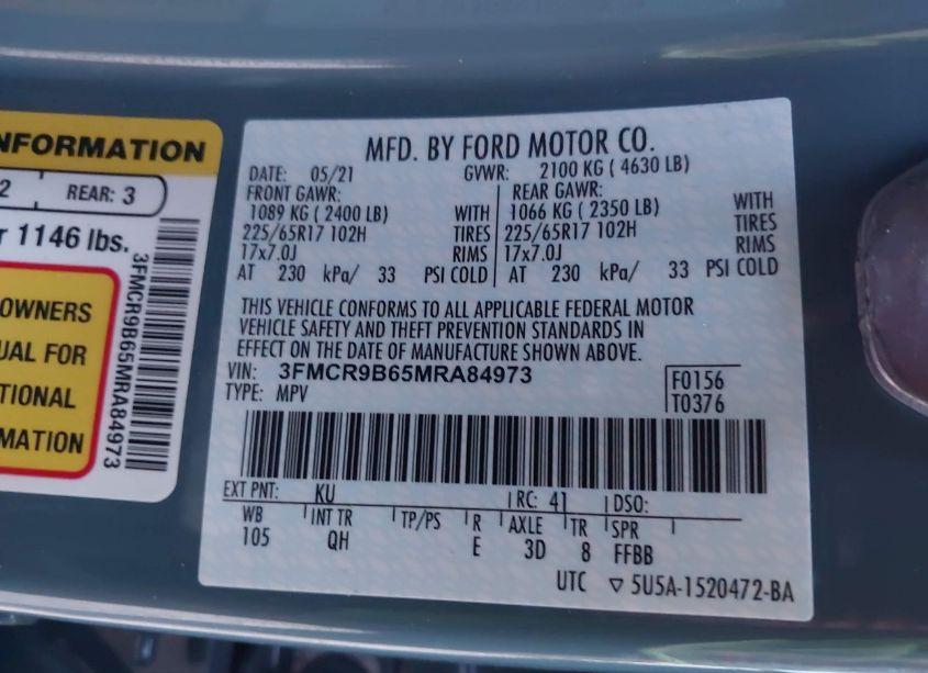 Photo 9 of 2021 Ford Bronco SPORT BIG BEND (VIN 3FMCR9B65MRA84973)