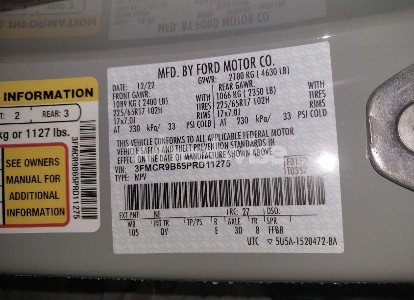 Photo 9 of 2023 Ford Bronco SPORT BIG BEND (VIN 3FMCR9B65PRD11275)