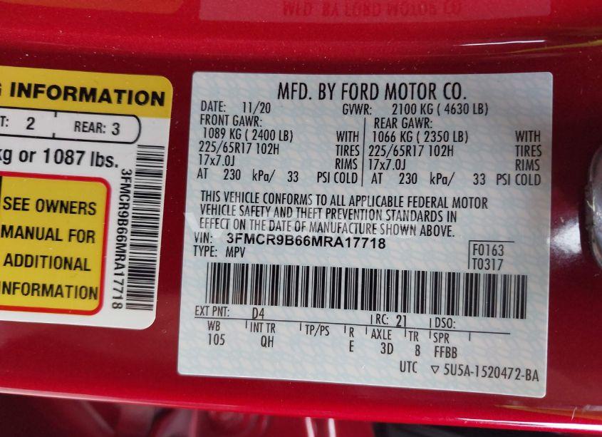 Photo 9 of 2021 Ford Bronco SPORT BIG BEND (VIN 3FMCR9B66MRA17718)