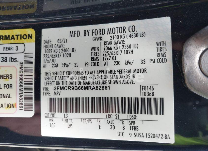 Photo 9 of 2021 Ford Bronco SPORT BIG BEND (VIN 3FMCR9B66MRA82861)