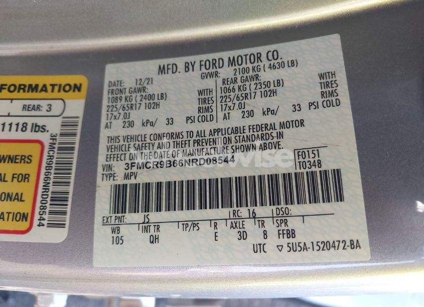 Photo 9 of 2022 Ford Bronco SPORT BIG BEND (VIN 3FMCR9B66NRD08544)