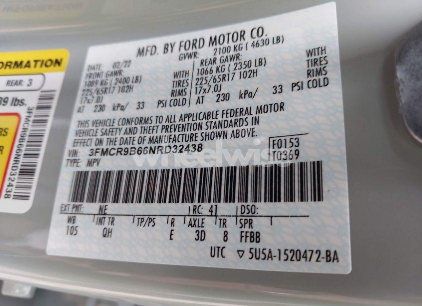 Photo 9 of 2022 Ford Bronco SPORT BIG BEND (VIN 3FMCR9B66NRD32438)