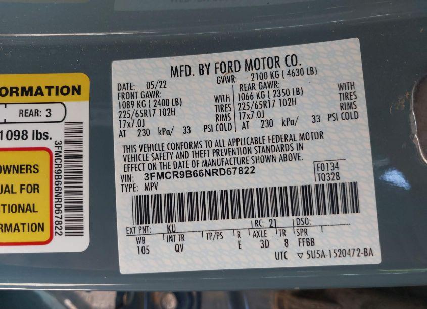 Photo 9 of 2022 Ford Bronco SPORT BIG BEND (VIN 3FMCR9B66NRD67822)