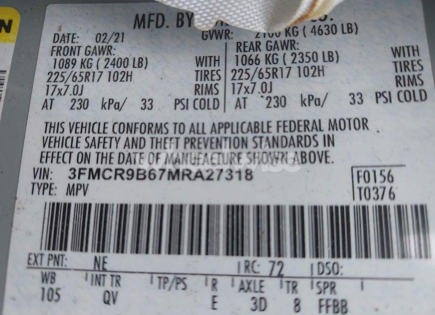 Photo 9 of 2021 Ford Bronco SPORT BIG BEND (VIN 3FMCR9B67MRA27318)