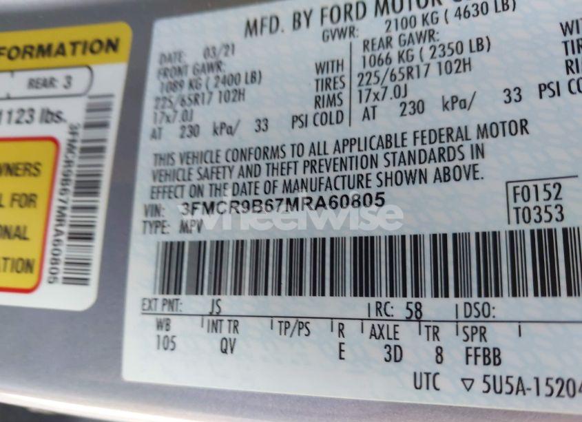 Photo 9 of 2021 Ford Bronco SPORT BIG BEND (VIN 3FMCR9B67MRA60805)